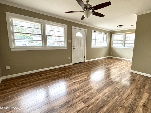 foyer entrance with ceiling fan, dark wood-type flooring, and ornamental molding