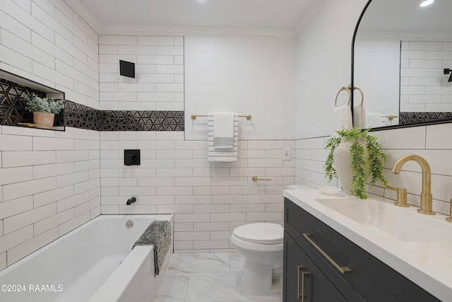 bathroom featuring toilet, vanity, tile walls, and ornamental molding