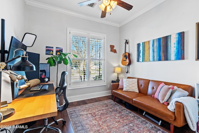 office area with ceiling fan, crown molding, and dark wood-type flooring