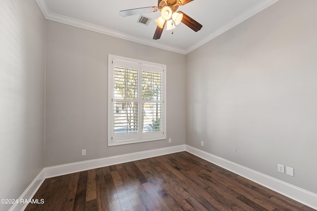 unfurnished room with dark hardwood / wood-style floors, ceiling fan, and crown molding