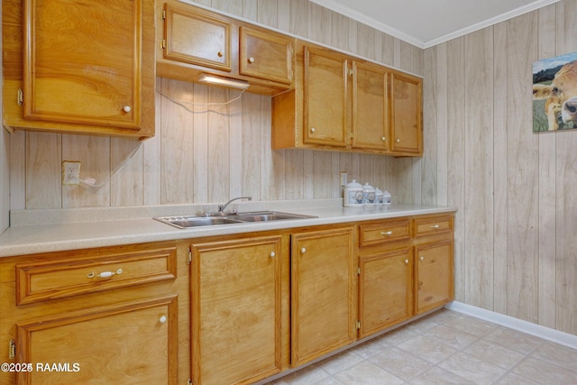 kitchen with crown molding, sink, and wooden walls