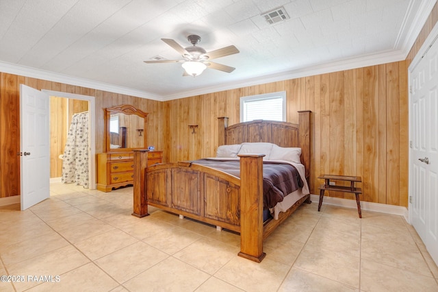 tiled bedroom with wooden walls, ceiling fan, and ornamental molding