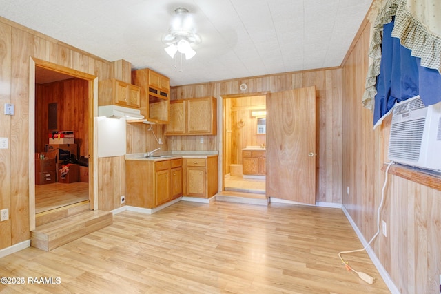 kitchen featuring wooden walls, sink, ceiling fan, and light wood-type flooring