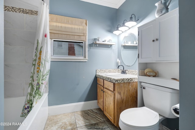 full bathroom featuring vanity, crown molding, toilet, and shower / bath combo with shower curtain