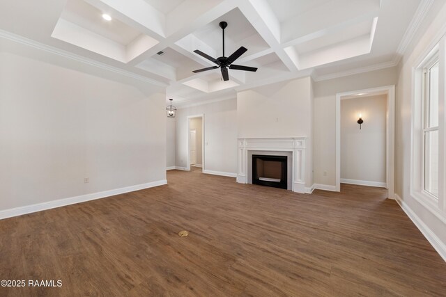 unfurnished living room featuring baseboards, coffered ceiling, ceiling fan, dark wood-style flooring, and a fireplace