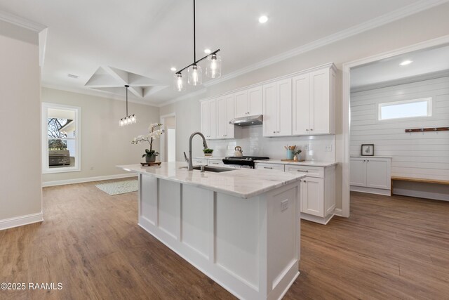 kitchen featuring plenty of natural light, a sink, white cabinets, and under cabinet range hood