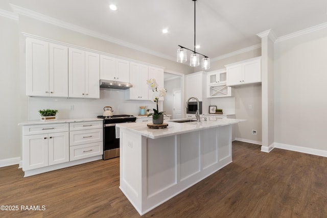 kitchen with stainless steel electric range oven, a sink, white cabinets, and under cabinet range hood