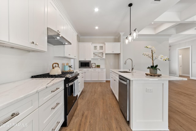 kitchen featuring under cabinet range hood, stainless steel appliances, a sink, white cabinetry, and light wood-type flooring