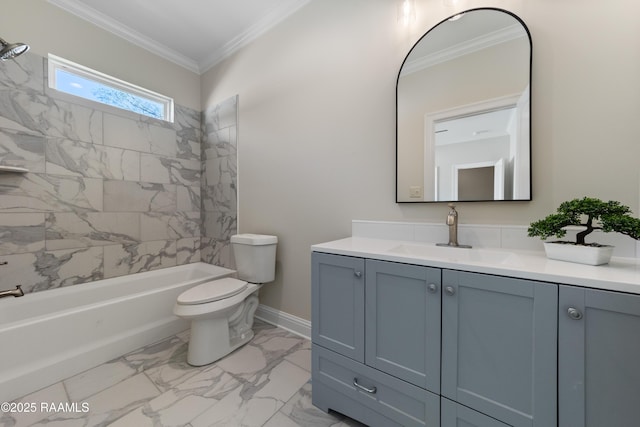 bathroom featuring baseboards, toilet, ornamental molding, marble finish floor, and vanity