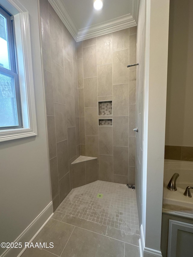 bathroom featuring a tile shower, tile patterned flooring, and ornamental molding