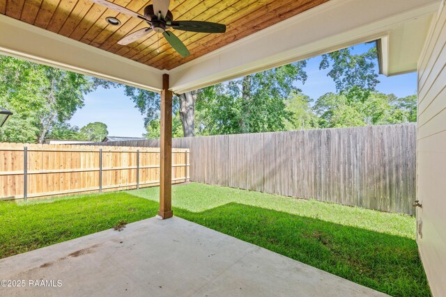 view of patio with ceiling fan and a fenced backyard