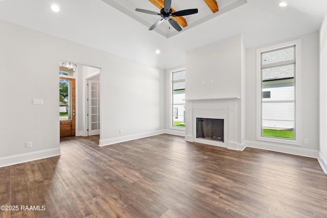 unfurnished living room with recessed lighting, ceiling fan, dark wood-style floors, and a fireplace