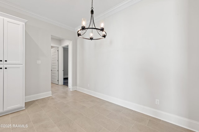 unfurnished dining area with an inviting chandelier, baseboards, crown molding, and light tile patterned floors