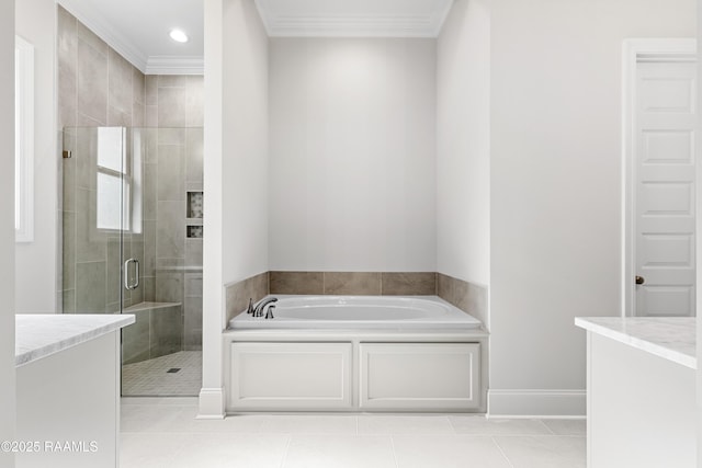 bathroom with a bath, crown molding, tile patterned flooring, a stall shower, and recessed lighting