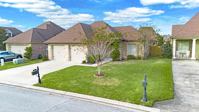 front facade with a garage and a front lawn