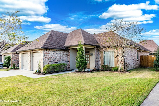 view of front of property featuring a garage and a front lawn