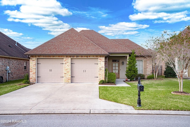 view of front of home featuring a front lawn and a garage