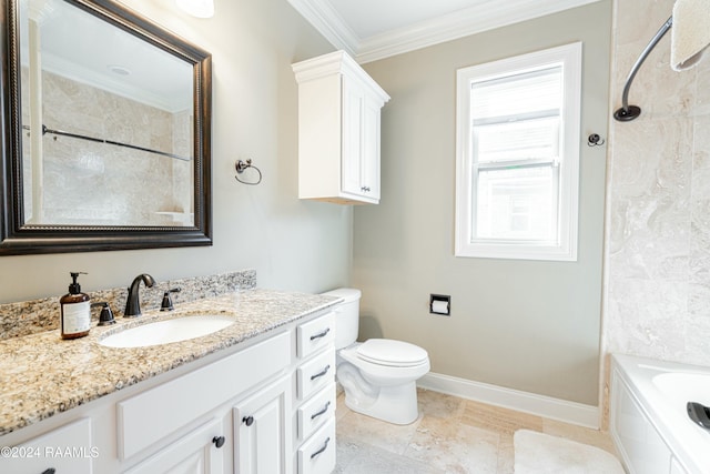 full bathroom featuring vanity, toilet, tiled shower / bath, and crown molding