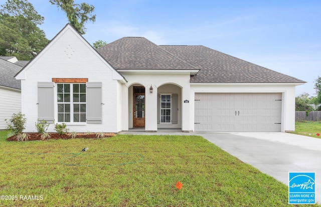 view of front of home featuring an attached garage, roof with shingles, a front yard, and concrete driveway