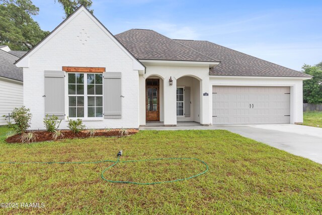 view of front facade with a garage, roof with shingles, concrete driveway, and brick siding