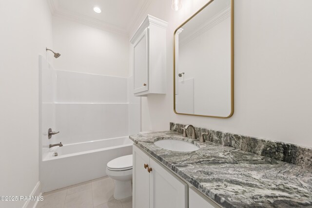 bathroom featuring tile patterned floors, toilet, bathtub / shower combination, vanity, and ornamental molding