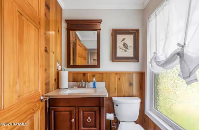 bathroom featuring vanity, wood walls, toilet, and ornamental molding