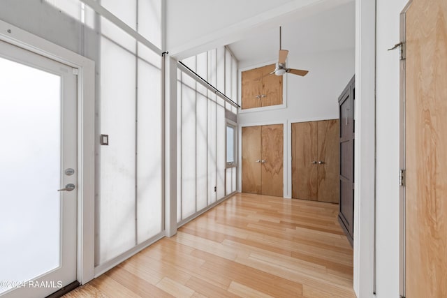 hall featuring a towering ceiling and light hardwood / wood-style flooring