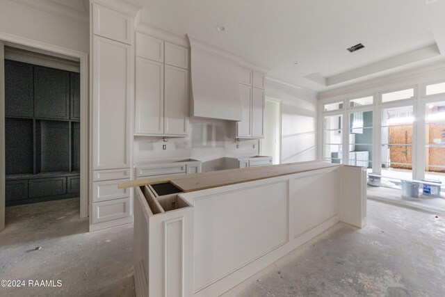 kitchen featuring white cabinetry and a tray ceiling