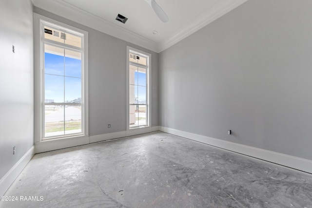 unfurnished room with ceiling fan and ornamental molding