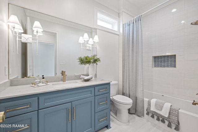 bathroom featuring shower / bath combo with shower curtain, toilet, and vanity