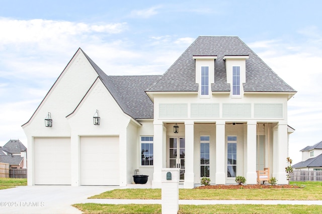 view of front of property featuring concrete driveway, a porch, fence, and a shingled roof