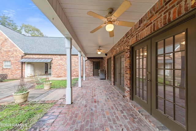 view of patio with ceiling fan and french doors
