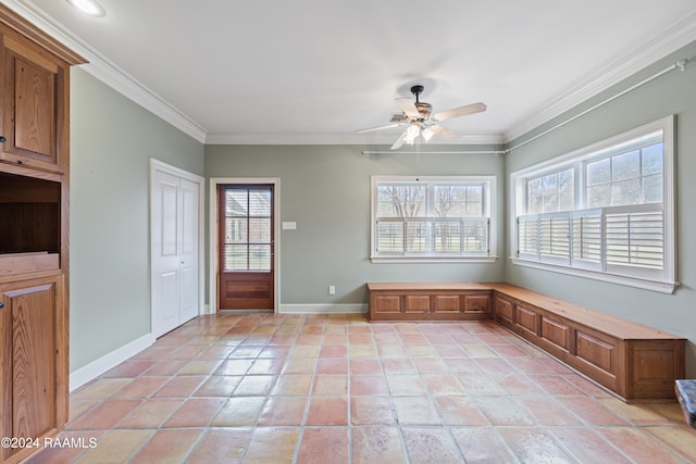 1013 Bayou Bend Cir, Breaux Bridge, LA 70517 - unfurnished dining area featuring ornamental molding, plenty of natural light, and ceiling fan
