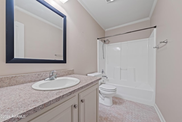 full bathroom featuring tile patterned floors, shower / bath combination, toilet, vanity, and ornamental molding