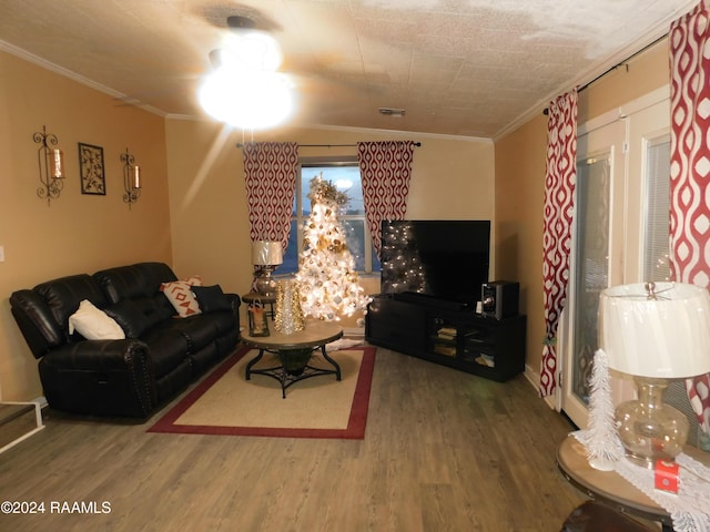 living room featuring hardwood / wood-style floors and crown molding