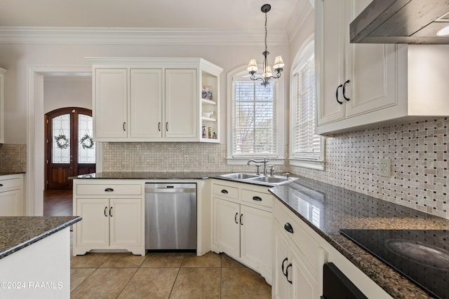 kitchen featuring decorative backsplash, stainless steel dishwasher, crown molding, sink, and range hood