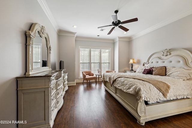 bedroom featuring dark hardwood / wood-style flooring, ceiling fan, and ornamental molding