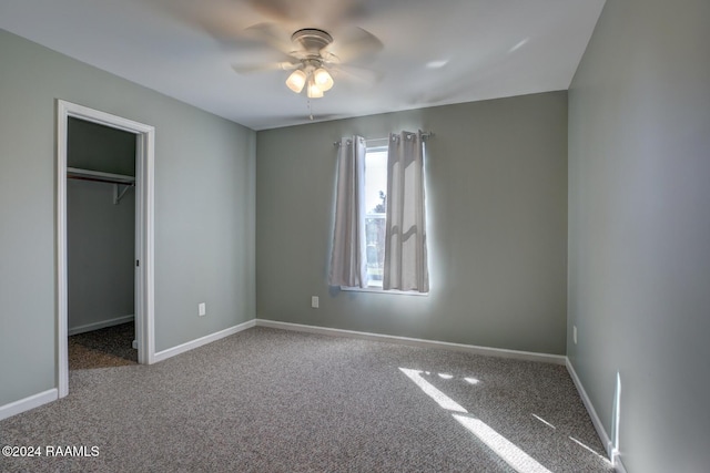 unfurnished bedroom featuring ceiling fan, a walk in closet, carpet floors, and a closet