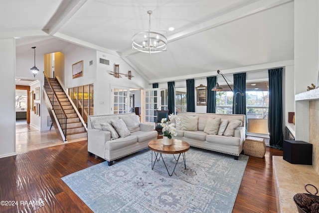 living room featuring beam ceiling, a chandelier, high vaulted ceiling, and dark wood-type flooring