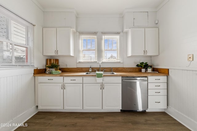 kitchen featuring stainless steel dishwasher, white cabinetry, and sink