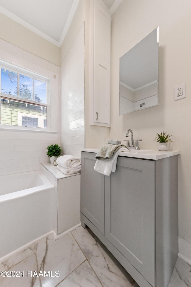 bathroom with vanity, crown molding, and a washtub