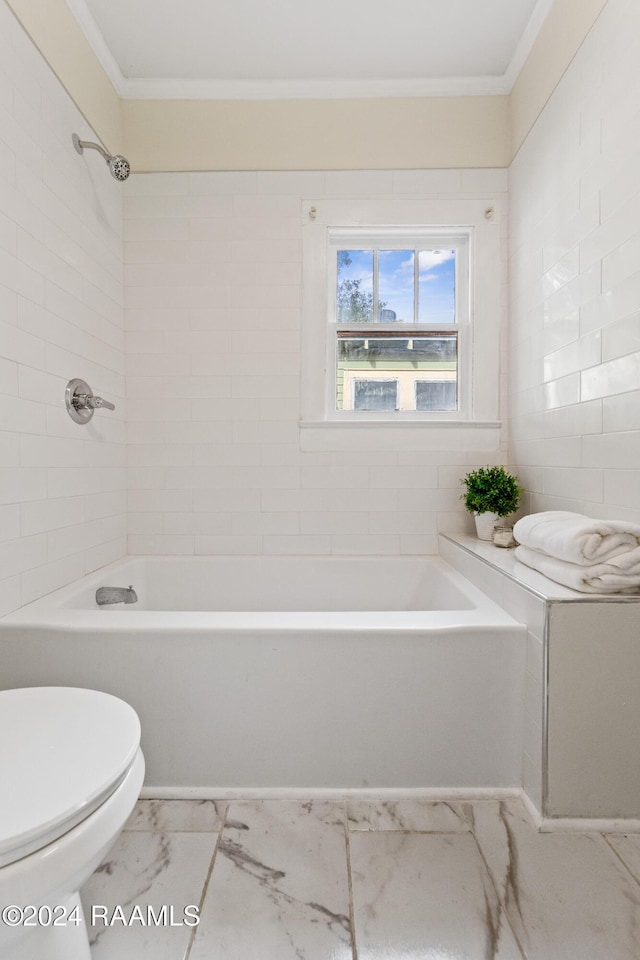 bathroom featuring toilet and crown molding