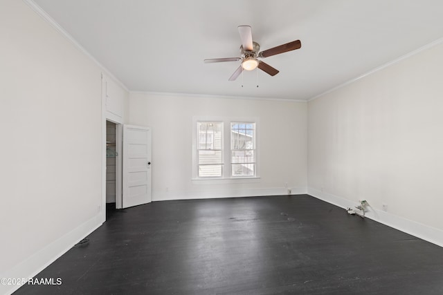 unfurnished room with dark hardwood / wood-style flooring, ceiling fan, and crown molding