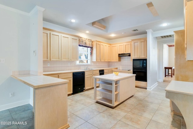 kitchen featuring tasteful backsplash, kitchen peninsula, light brown cabinetry, and black appliances