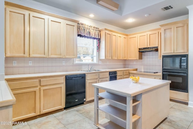 kitchen featuring backsplash, tile countertops, light brown cabinets, and black appliances