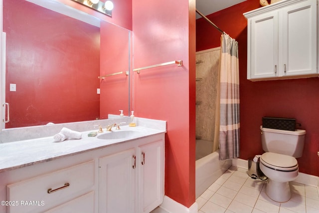 full bathroom with toilet, vanity, tile patterned floors, and shower / bath combo with shower curtain