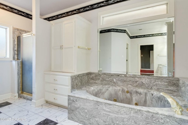 bathroom with crown molding and plus walk in shower