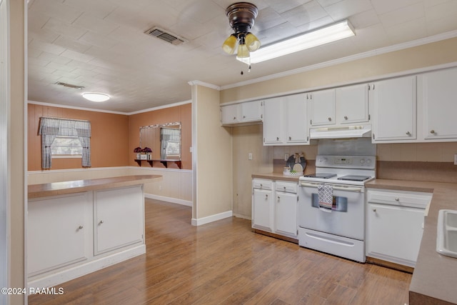 903 S Shireview Cir, Abbeville, LA 70510 - kitchen featuring white electric stove, under cabinet range hood, ornamental molding, light countertops, and ceiling fan