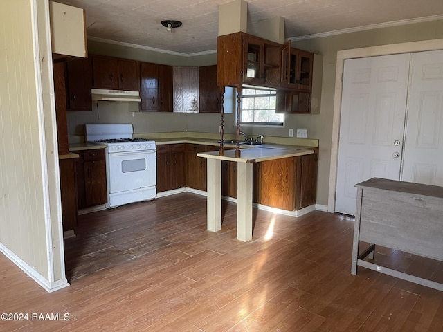 kitchen with ornamental molding, light hardwood / wood-style floors, white gas range oven, and kitchen peninsula