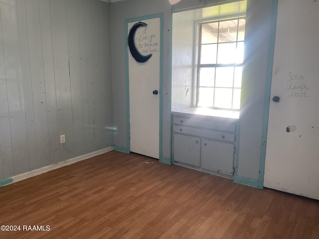 entryway featuring wooden walls, light wood-type flooring, and a wealth of natural light